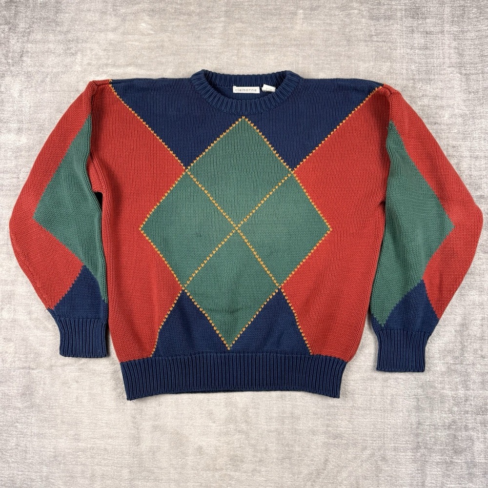 Claiborne Sweater Men's Large Blue‎ Vtg 90s Argyle Chunky Knit Preppy Grandpa